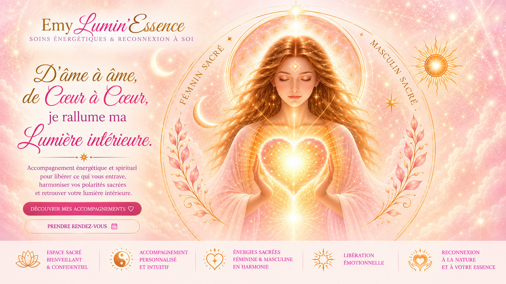 Univers lumineux et céleste d’Emy Lumin’Essence, une femme portant un cœur rayonnant